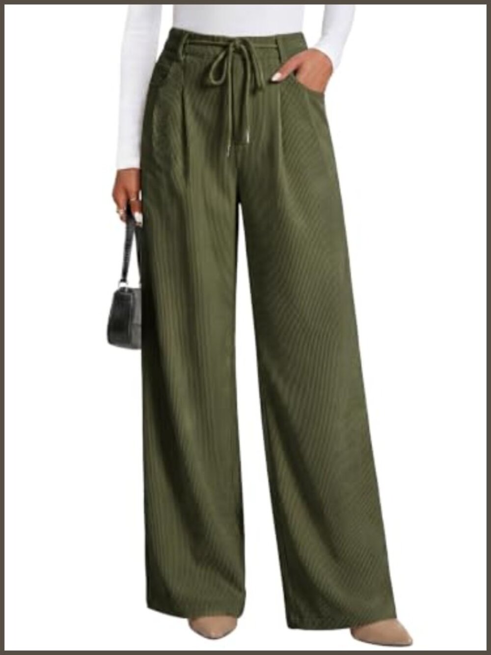 Sidefeel Corduroy Pants Wide Leg High Waisted Drawstring Loose Fit with Pockets